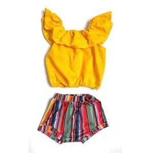 Mexican sarape inspired 18 month size matching two piece with orange headband.